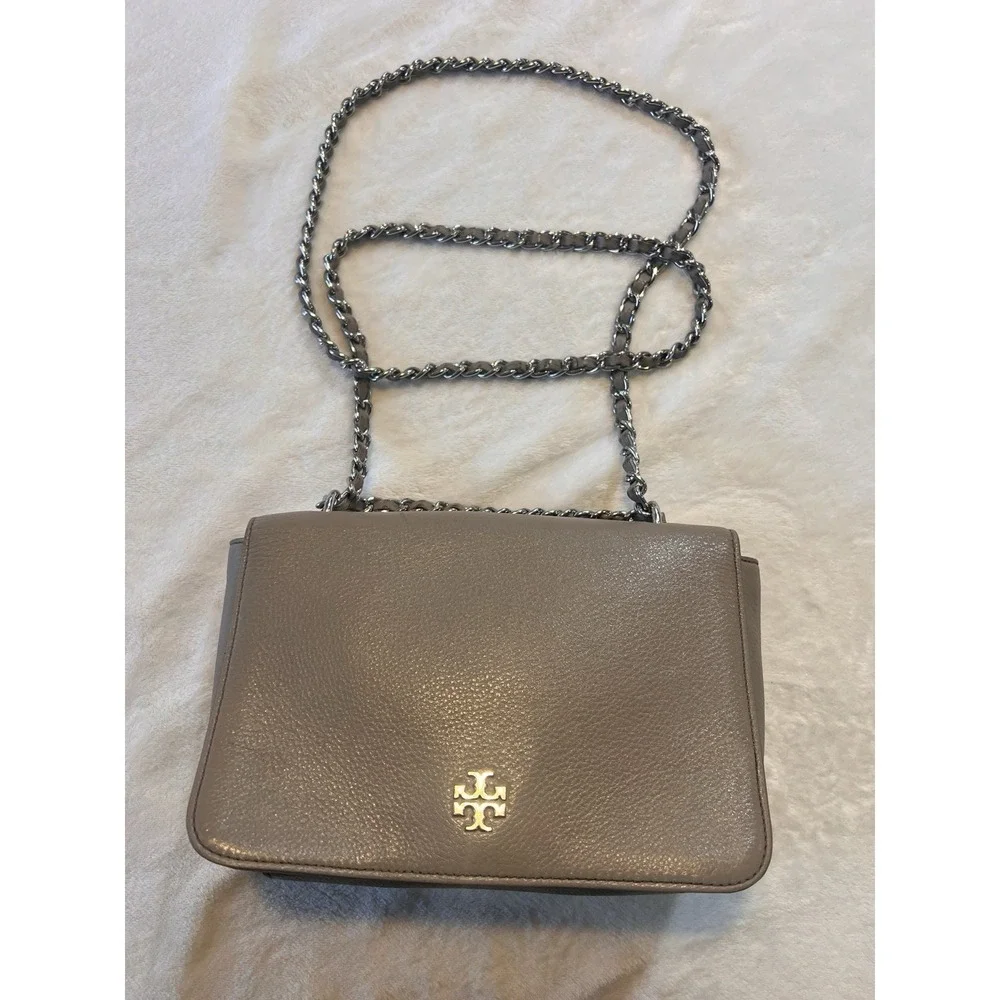 Tory Burch Britten Leather, Crossbody Shoulder strap, French Grey/Silver, Small
